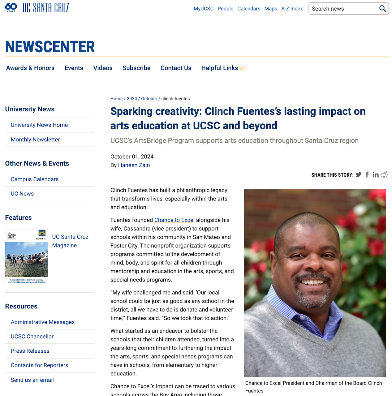 President & Chairman of the Board, Clinch Fuentes, featured in UC Santa Cruz's Newscenter