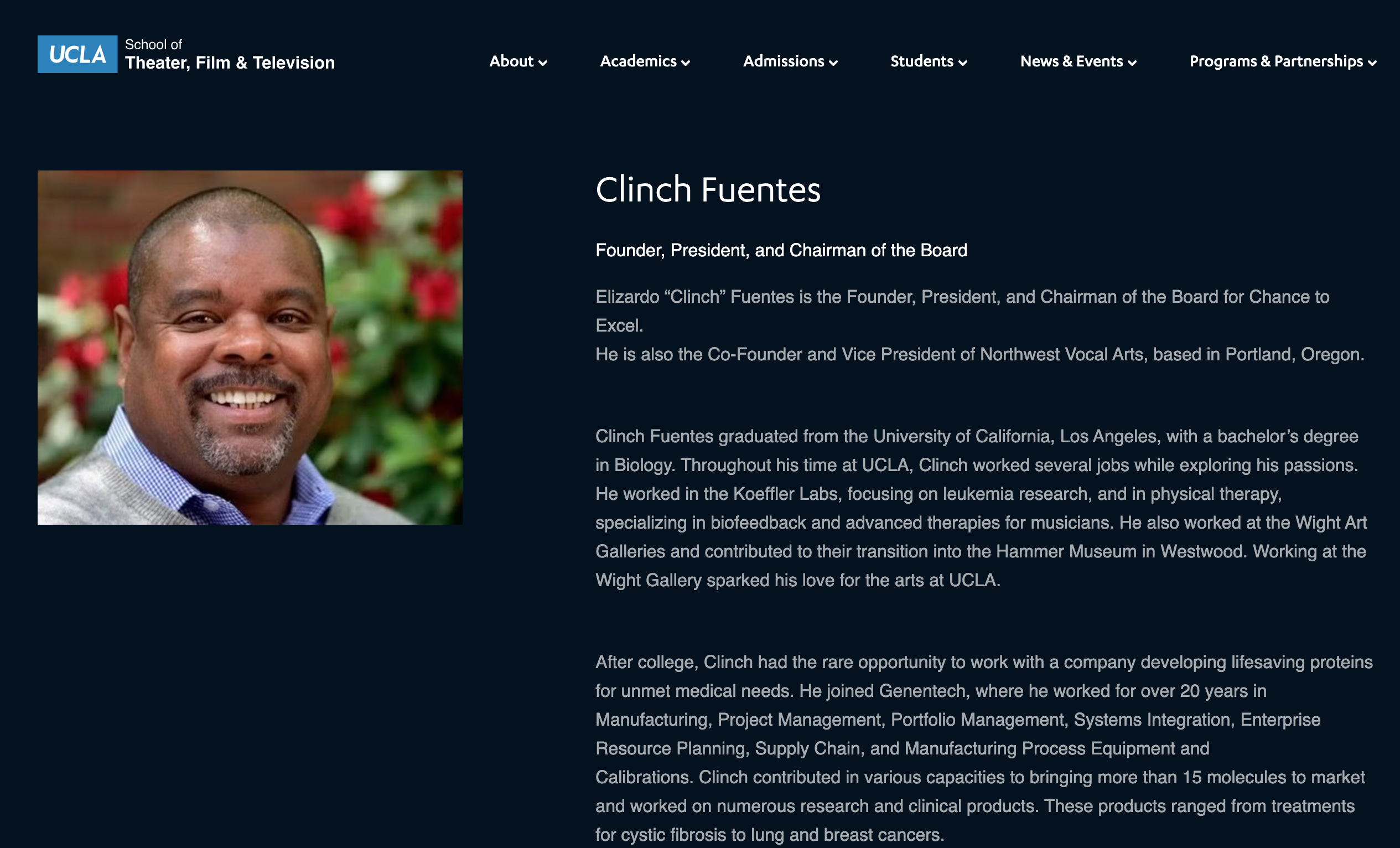 Clinch Fuentes sits on the Board of Executives at UCLA's School of Theater, Film and Television